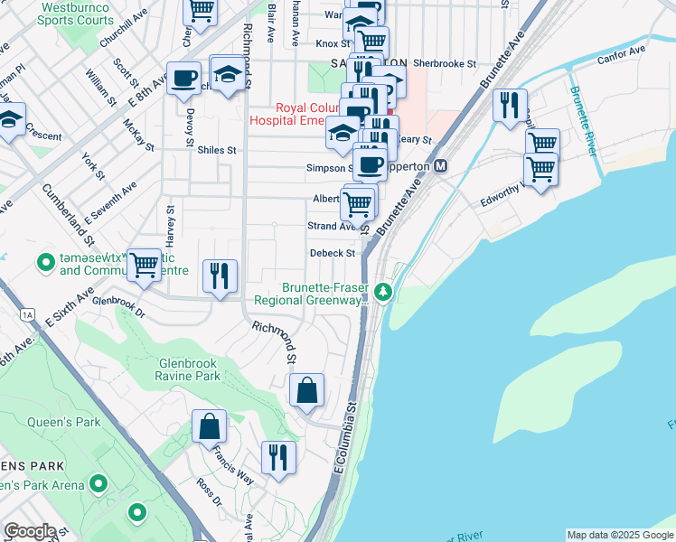 map of restaurants, bars, coffee shops, grocery stores, and more near 112 Sapper Street in New Westminster