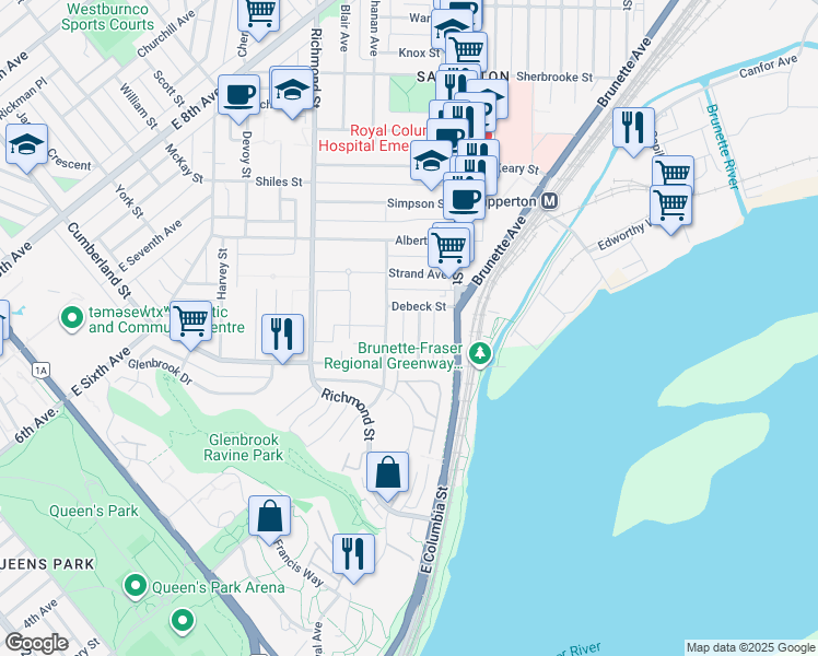 map of restaurants, bars, coffee shops, grocery stores, and more near 111 Sapper Street in New Westminster