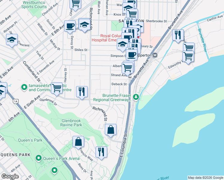 map of restaurants, bars, coffee shops, grocery stores, and more near 112 Miner Street in New Westminster