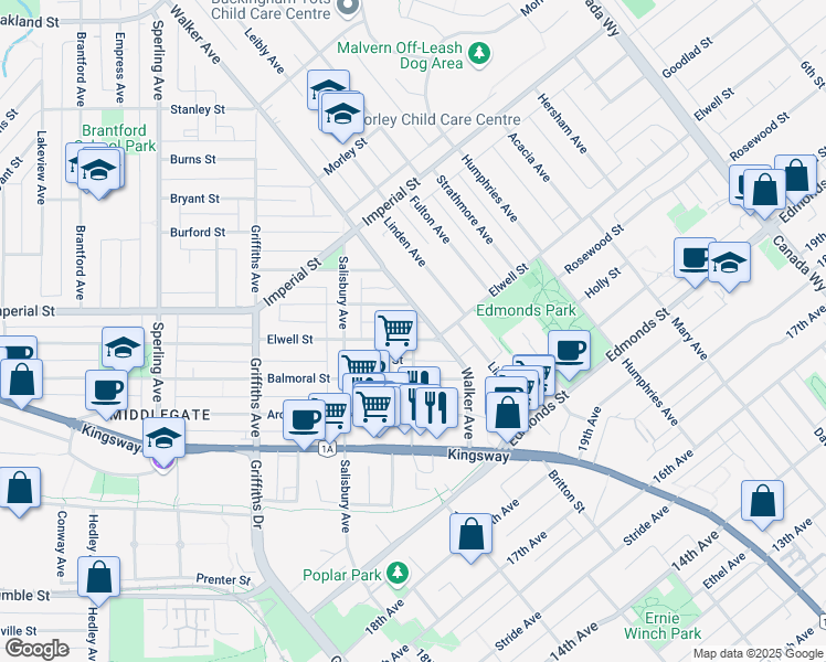 map of restaurants, bars, coffee shops, grocery stores, and more near 7209 Elwell Street in Burnaby