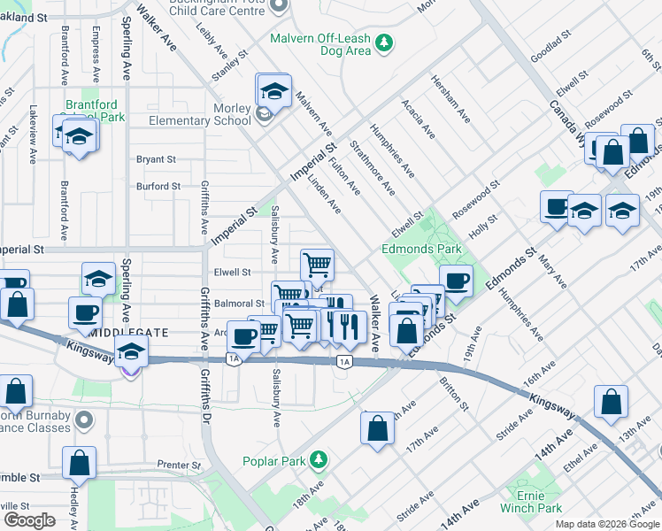map of restaurants, bars, coffee shops, grocery stores, and more near 7209 Elwell Street in Burnaby