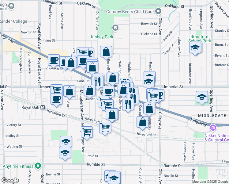 map of restaurants, bars, coffee shops, grocery stores, and more near 6885 Russell Avenue in Burnaby