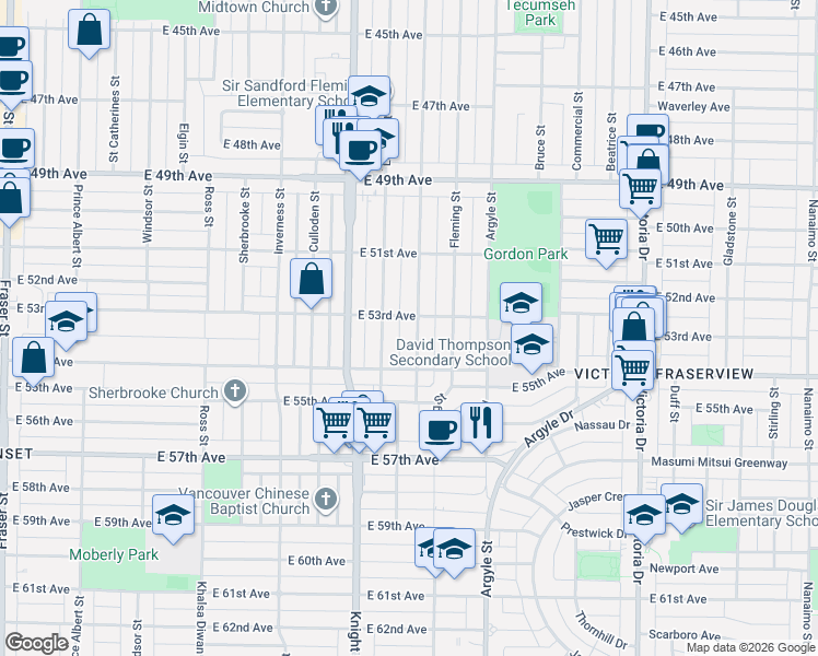 map of restaurants, bars, coffee shops, grocery stores, and more near 6915 Dumfries Street in Vancouver