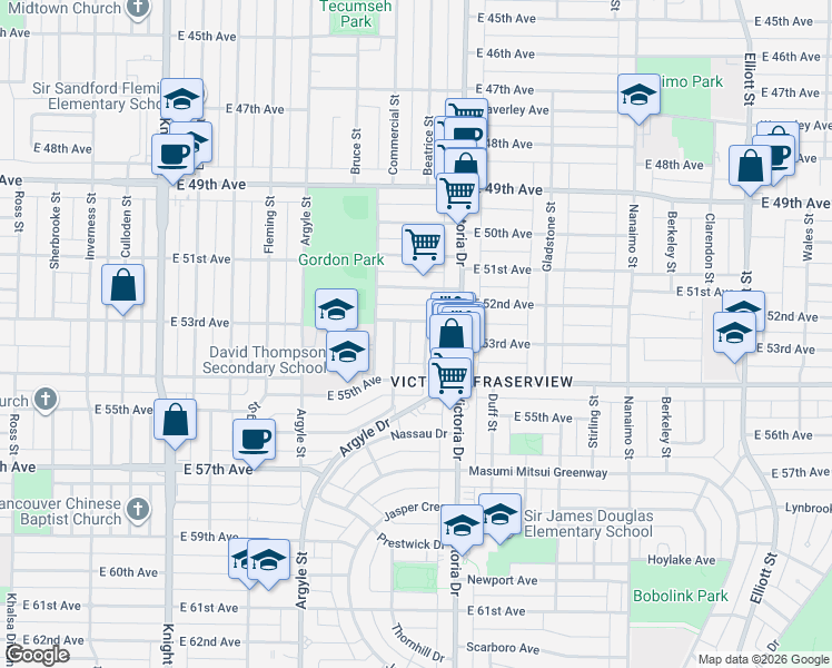 map of restaurants, bars, coffee shops, grocery stores, and more near 6915 Beatrice Street in Vancouver