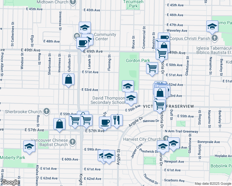 map of restaurants, bars, coffee shops, grocery stores, and more near 6913 Argyle Street in Vancouver