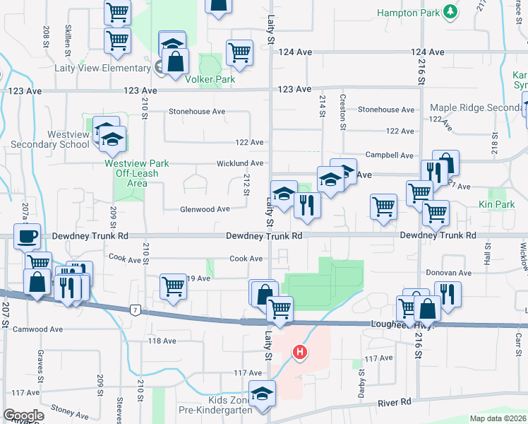 map of restaurants, bars, coffee shops, grocery stores, and more near 12019 Laity Street in Maple Ridge