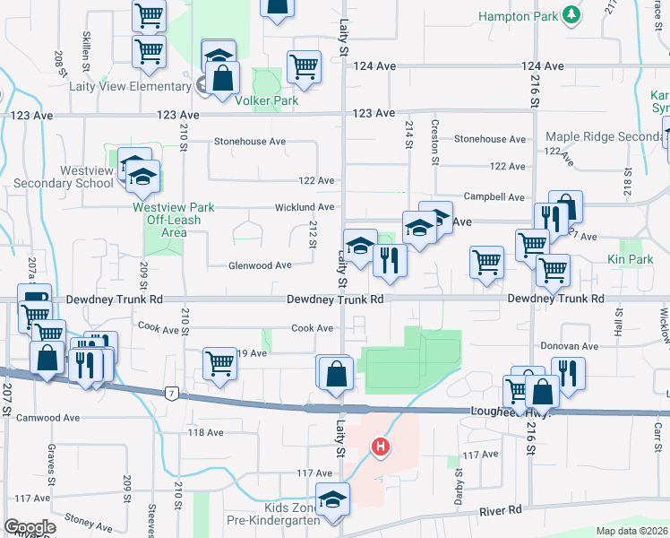 map of restaurants, bars, coffee shops, grocery stores, and more near 12047 Laity Street in Maple Ridge