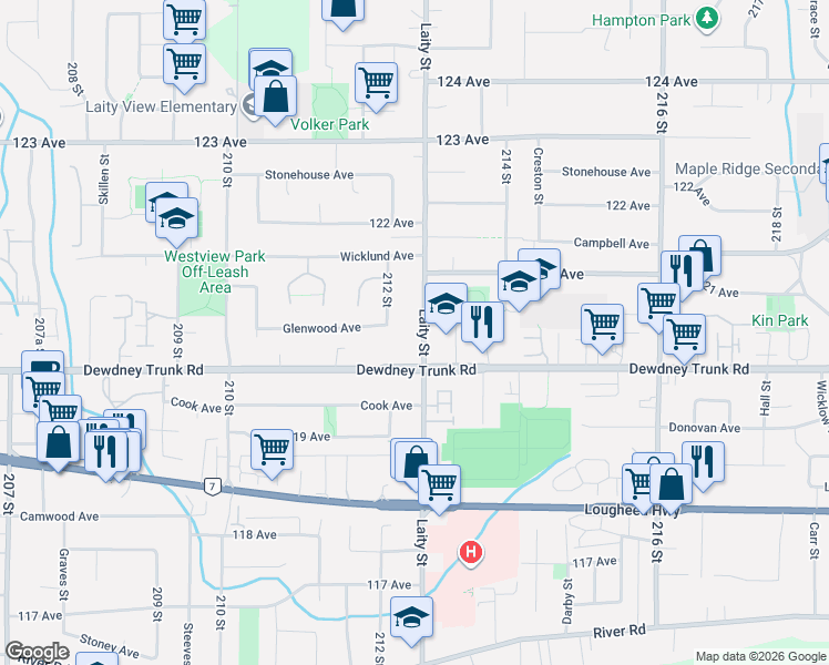 map of restaurants, bars, coffee shops, grocery stores, and more near 12019 Laity Street in Maple Ridge