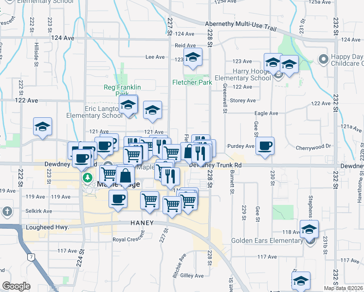 map of restaurants, bars, coffee shops, grocery stores, and more near 12057 Fletcher Street in Maple Ridge