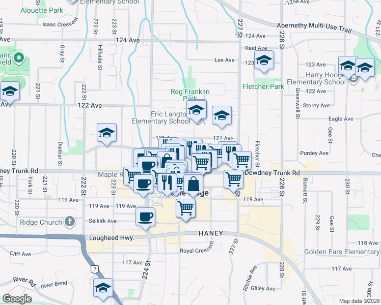 map of restaurants, bars, coffee shops, grocery stores, and more near 22561 Dewdney Trunk Road in Maple Ridge