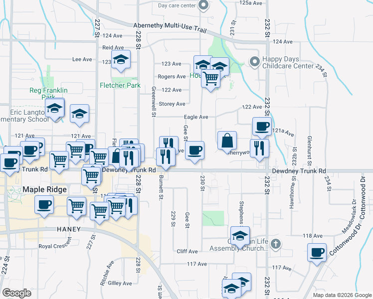map of restaurants, bars, coffee shops, grocery stores, and more near Gee Street in Maple Ridge