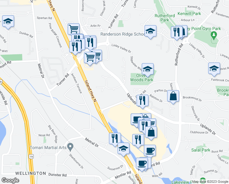 map of restaurants, bars, coffee shops, grocery stores, and more near 4775 Uplands Drive in Nanaimo