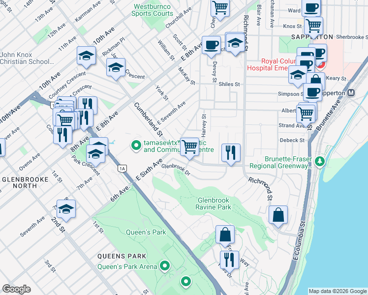 map of restaurants, bars, coffee shops, grocery stores, and more near 474 Dixon Street in New Westminster