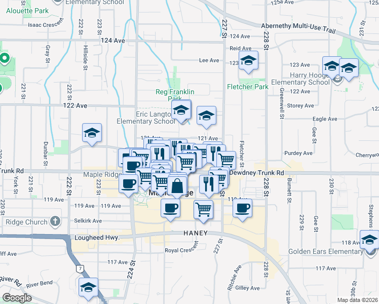 map of restaurants, bars, coffee shops, grocery stores, and more near 22575 Brown Avenue in Maple Ridge