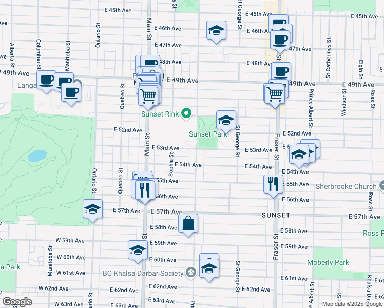 map of restaurants, bars, coffee shops, grocery stores, and more near 6933 Prince Edward Street in Vancouver