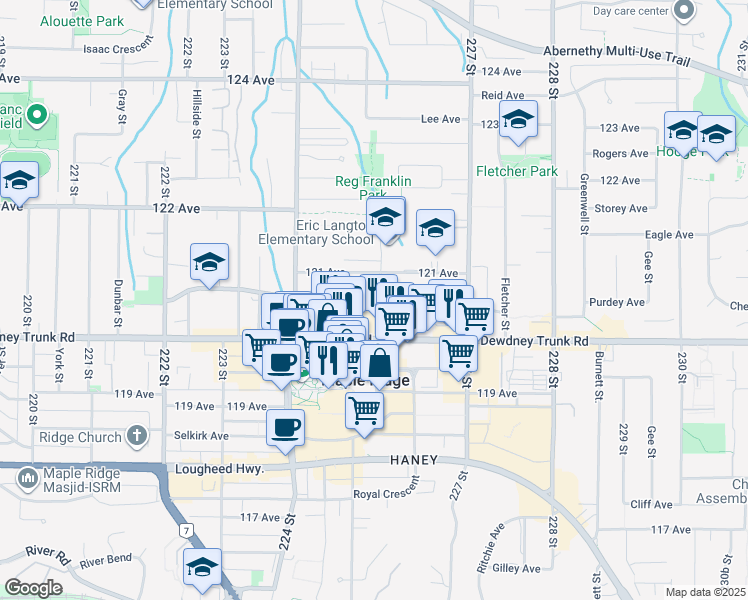 map of restaurants, bars, coffee shops, grocery stores, and more near 22561 Dewdney Trunk Road in Maple Ridge