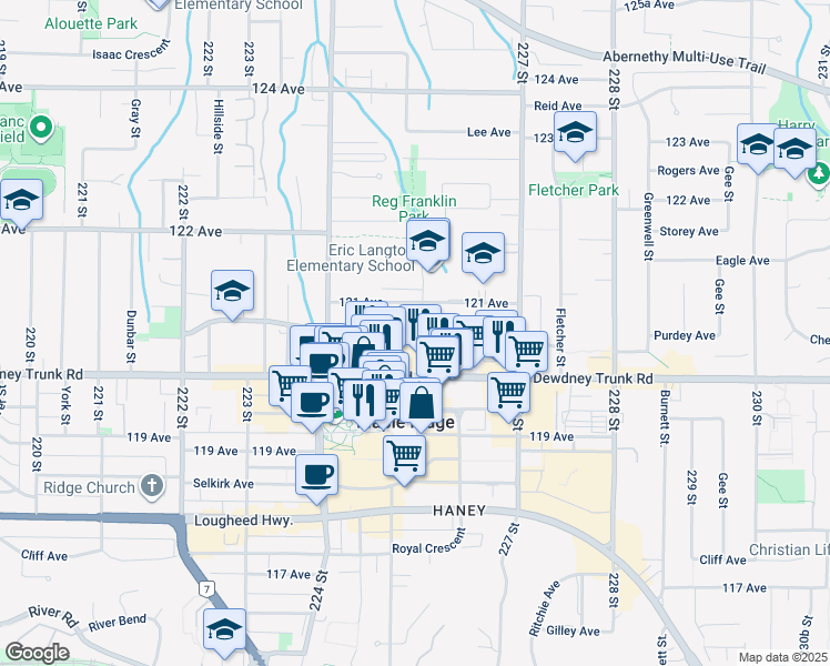 map of restaurants, bars, coffee shops, grocery stores, and more near 22561 Dewdney Trunk Road in Maple Ridge