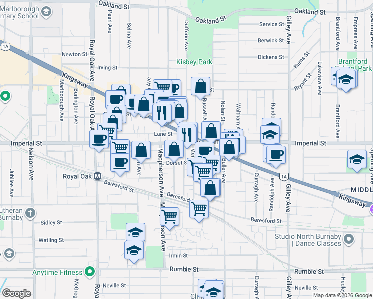 map of restaurants, bars, coffee shops, grocery stores, and more near 6833 Merritt Avenue in Burnaby
