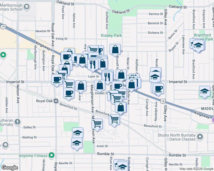 map of restaurants, bars, coffee shops, grocery stores, and more near 6833 Merritt Avenue in Burnaby