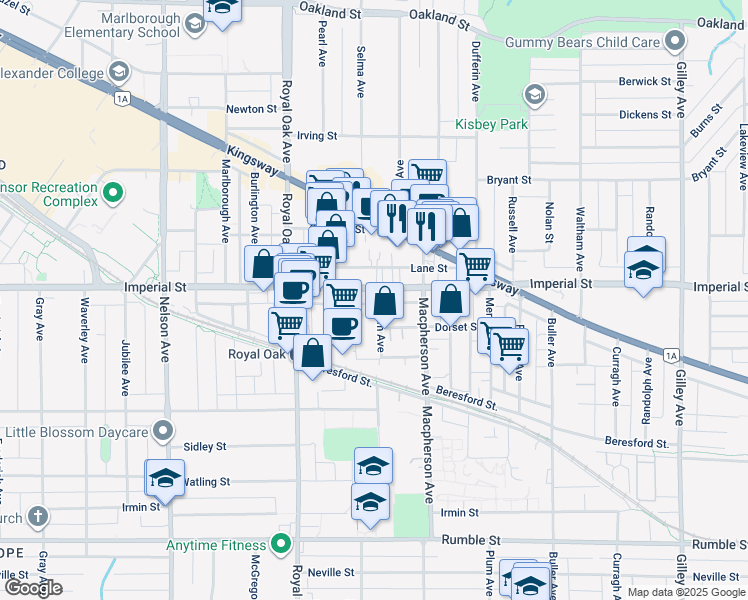 map of restaurants, bars, coffee shops, grocery stores, and more near 6879 Antrim Avenue in Burnaby