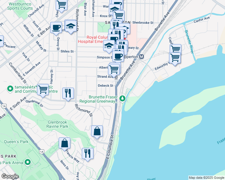 map of restaurants, bars, coffee shops, grocery stores, and more near 125 East Columbia Street in New Westminster
