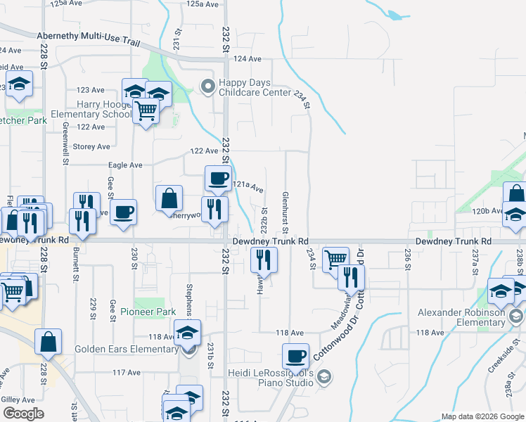 map of restaurants, bars, coffee shops, grocery stores, and more near 12071 232B Street in Maple Ridge