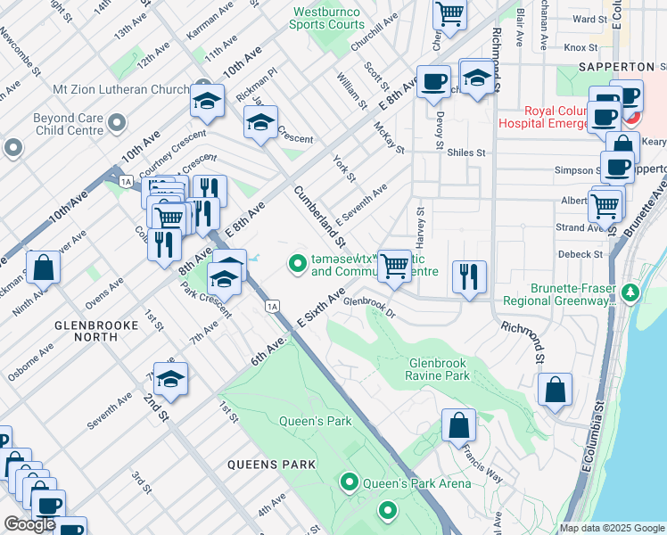 map of restaurants, bars, coffee shops, grocery stores, and more near 65 East Sixth Avenue in New Westminster