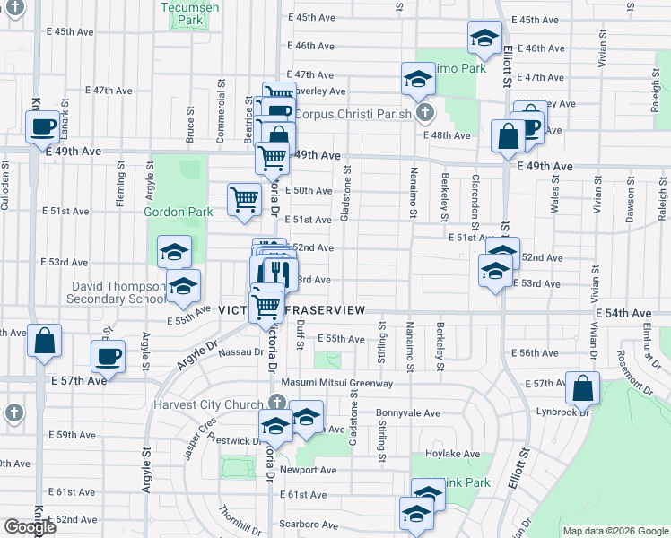 map of restaurants, bars, coffee shops, grocery stores, and more near 6869 Gladstone Street in Vancouver