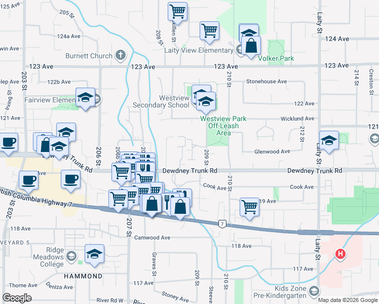 map of restaurants, bars, coffee shops, grocery stores, and more near in Maple Ridge