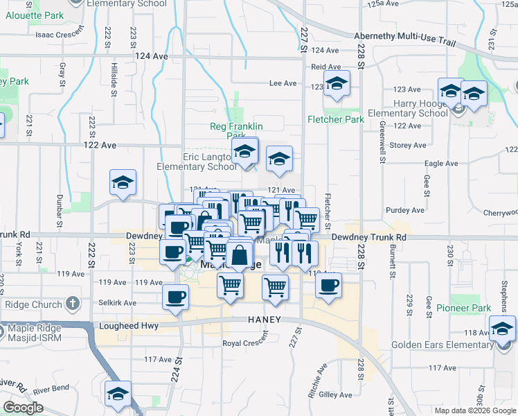 map of restaurants, bars, coffee shops, grocery stores, and more near 22575 Brown Avenue in Maple Ridge