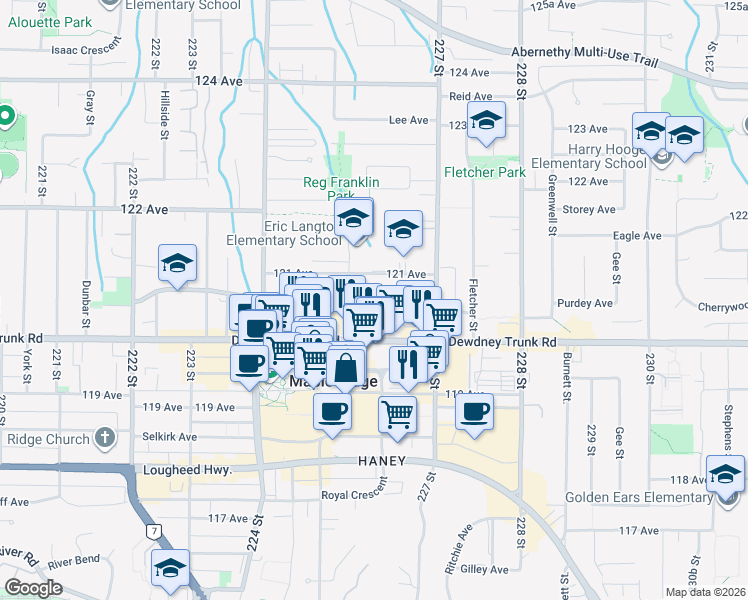 map of restaurants, bars, coffee shops, grocery stores, and more near in Maple Ridge