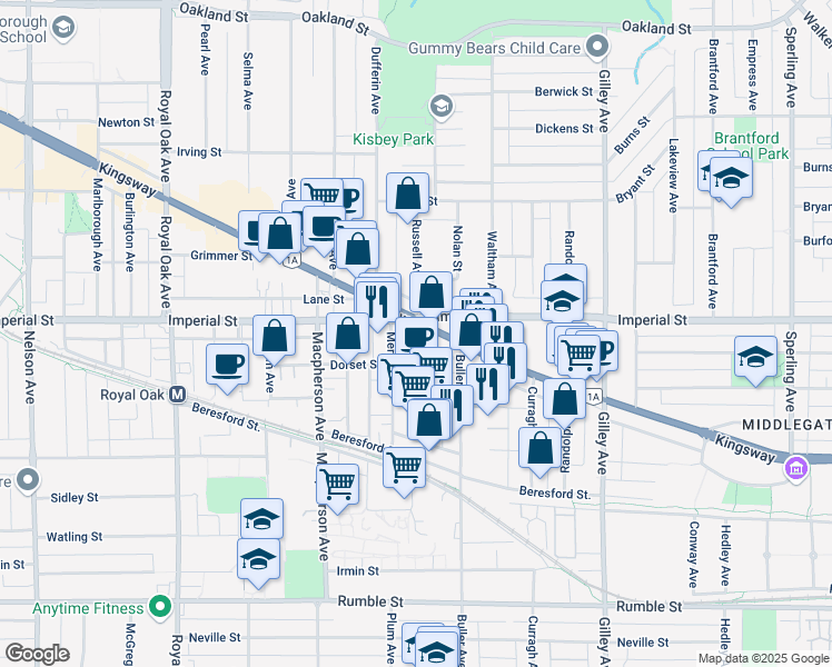 map of restaurants, bars, coffee shops, grocery stores, and more near 6885 Russell Avenue in Burnaby
