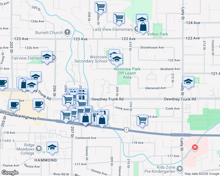 map of restaurants, bars, coffee shops, grocery stores, and more near 20888 McKinney Avenue in Maple Ridge