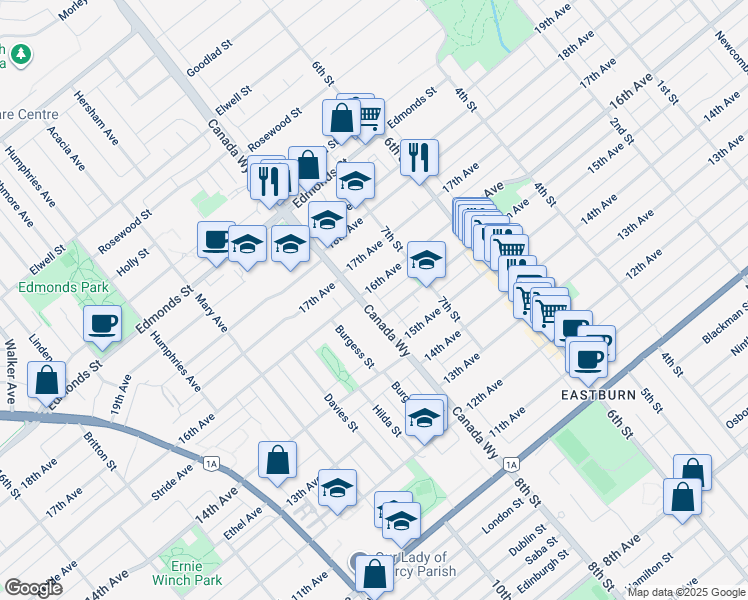 map of restaurants, bars, coffee shops, grocery stores, and more near 7520 Canada Way in Burnaby