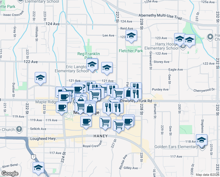 map of restaurants, bars, coffee shops, grocery stores, and more near 22641 Brown Avenue in Maple Ridge