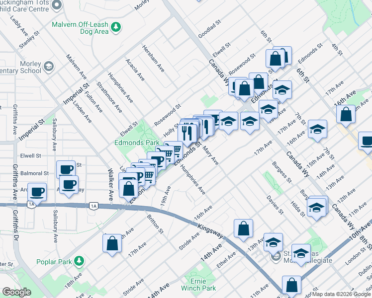 map of restaurants, bars, coffee shops, grocery stores, and more near in Burnaby