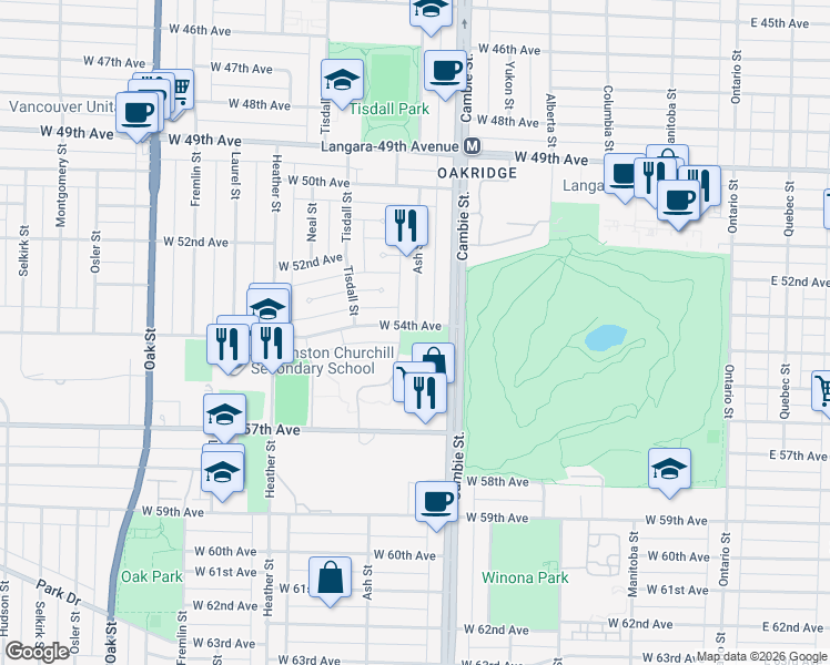 map of restaurants, bars, coffee shops, grocery stores, and more near 6988 Ash Street in Vancouver