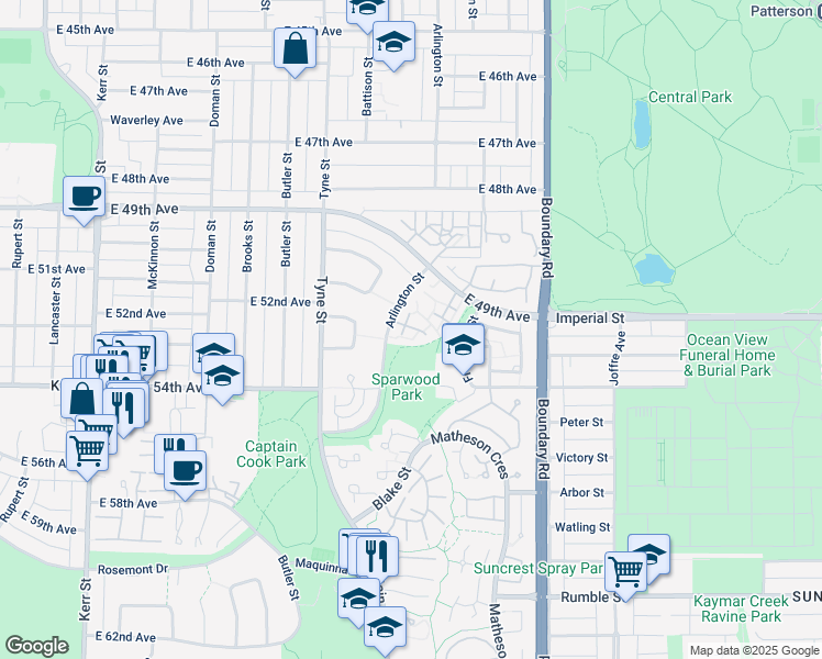 map of restaurants, bars, coffee shops, grocery stores, and more near 6878 Arlington Street in Vancouver
