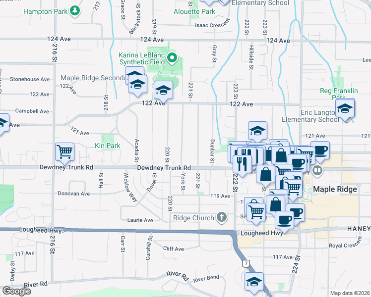 map of restaurants, bars, coffee shops, grocery stores, and more near 12034 York Street in Maple Ridge