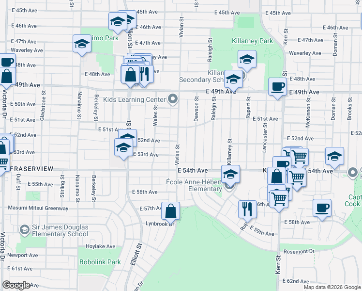 map of restaurants, bars, coffee shops, grocery stores, and more near 6830 Vivian Street in Vancouver