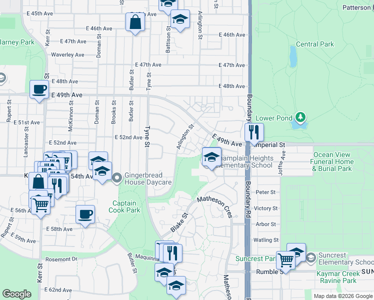 map of restaurants, bars, coffee shops, grocery stores, and more near 6878 Arlington Street in Vancouver