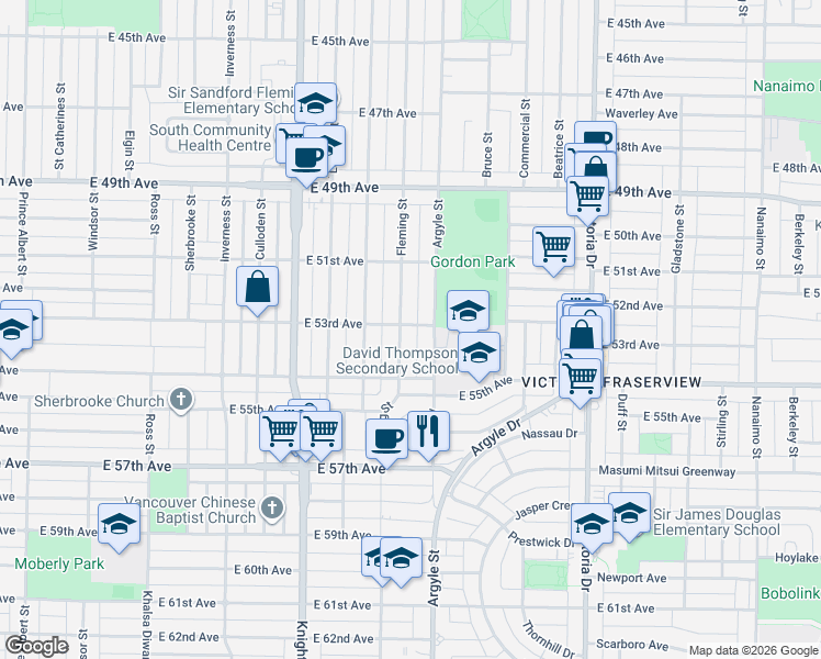 map of restaurants, bars, coffee shops, grocery stores, and more near 1620 East 53rd Avenue in Vancouver
