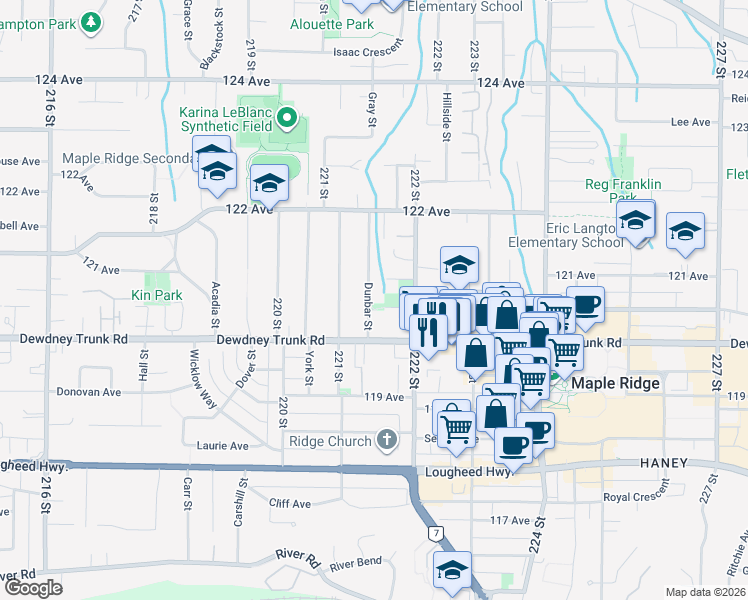 map of restaurants, bars, coffee shops, grocery stores, and more near 12026 Dunbar Street in Maple Ridge