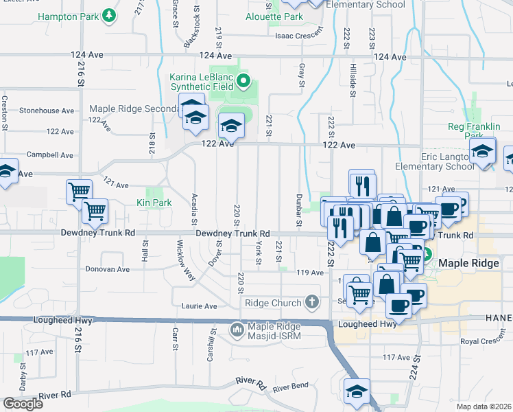 map of restaurants, bars, coffee shops, grocery stores, and more near 12050 York Street in Maple Ridge