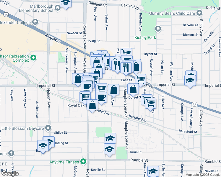 map of restaurants, bars, coffee shops, grocery stores, and more near 6879 Antrim Avenue in Burnaby