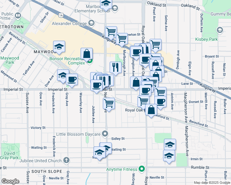 map of restaurants, bars, coffee shops, grocery stores, and more near 6875 Dunblane Avenue in Burnaby