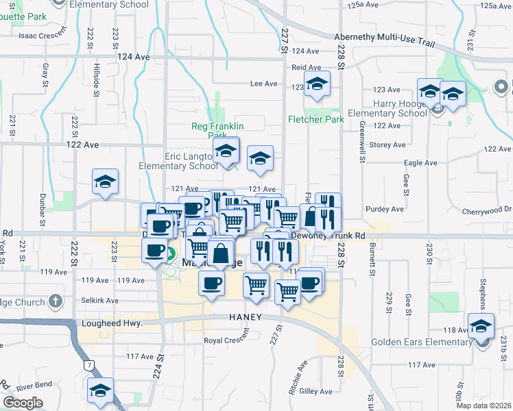 map of restaurants, bars, coffee shops, grocery stores, and more near 22630 Brown Avenue in Maple Ridge