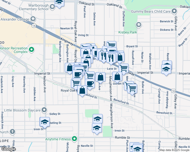 map of restaurants, bars, coffee shops, grocery stores, and more near 6879 Antrim Avenue in Burnaby