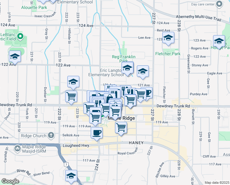 map of restaurants, bars, coffee shops, grocery stores, and more near 22441 Dewdney Trunk Road in Maple Ridge