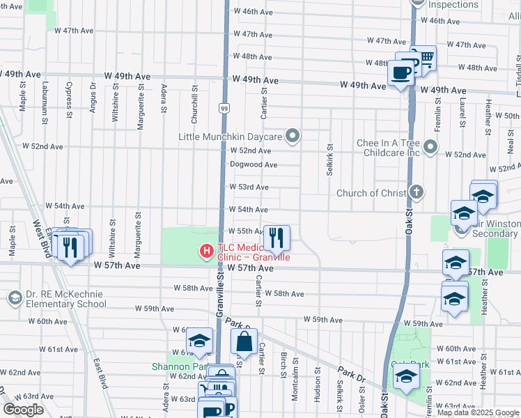 map of restaurants, bars, coffee shops, grocery stores, and more near West 54th Avenue in Vancouver